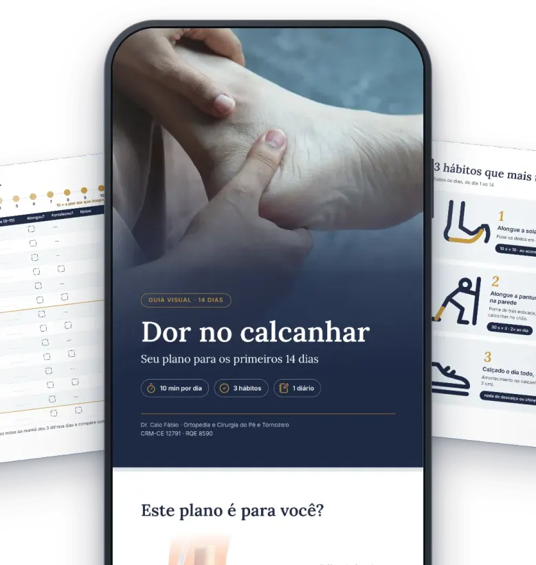 Guia “Dor no calcanhar” aberto no celular, com o diário de dor e a página dos 3 hábitos impressos ao fundo